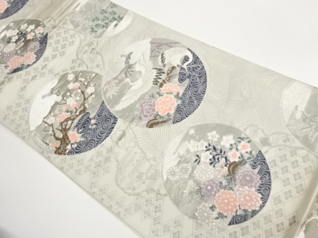 JAPANESE FUKURO OBI / PLATINUM FOIL / WOVEN FLORAL PLANTS